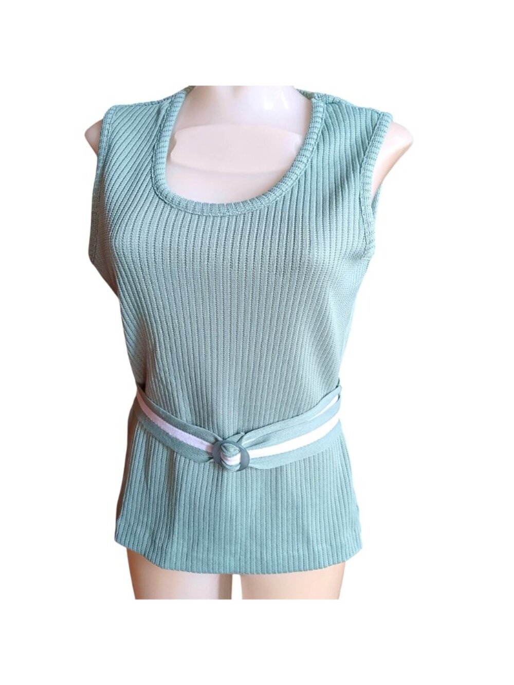 Large True Vintage Knit Top St. Cloud Ribbed Sleeveless Belted Waistline Avocado